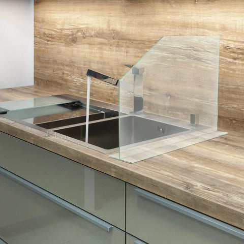 Deluxe Acrylic Splash Guard 24 X 18 Inch, Tough As Nails Shield, installed on kitchen countertop near sink, clear and durable.