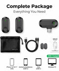 Complete package of Wireless Mini Lapel Microphone For iPhone And Android with accessories, pouch, and user manual