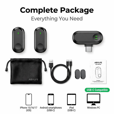 Complete package of Wireless Mini Lapel Microphone For iPhone And Android with accessories, pouch, and user manual