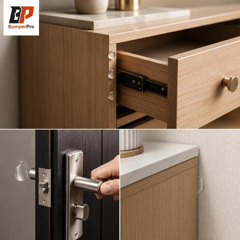 Clear Cabinet Door Bumpers Three Eighths Inch Self Adhesive Rubber Cushions To Stop Slams For Cabinets, Drawers, Furniture, And RVs, Bulk Pack Of 100 applied on drawers and doors.