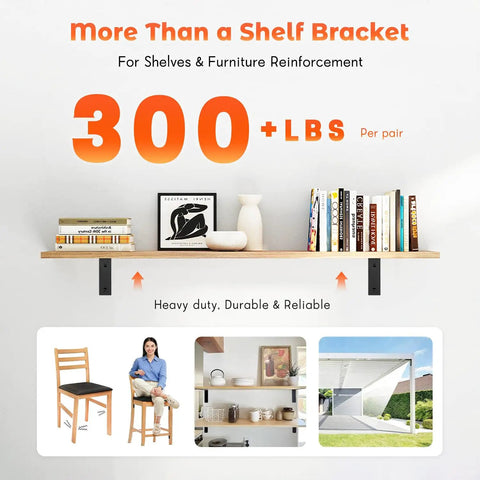 Heavy Duty 10 Inch Black Shelf Brackets L Shaped Corner Mount For Wall Shelves, Steel Iron Brackets, shown supporting shelf