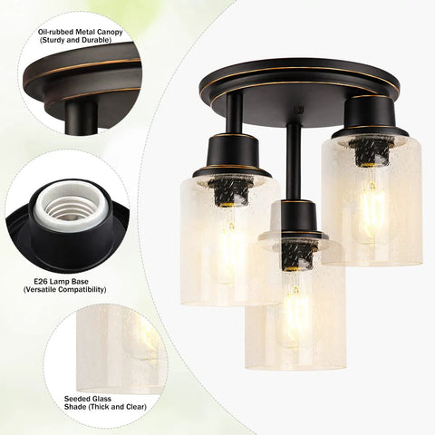 Three Light Semi Flush Mount Ceiling Light With Vintage Oil Rubbed Bronze Finish And Clear Seeded Glass Shades Perfect For Hallways Entryways Kitchens Porches And Stairs Built To Last With A Cool Rustic Vibe And Warm Glow