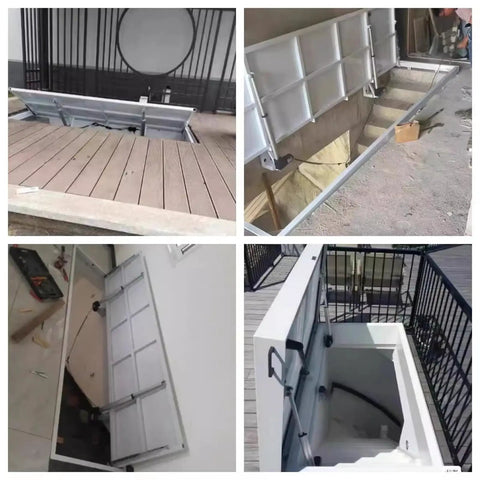Heavy Duty Hidden Floor Access Panel Hatch Camouflaged Cellar Door For Concealed Basement Entry angled view showing open and closed positions.