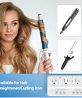 Woman using a curling iron with 2000W Travel Voltage Converter 110V To 220V With 3 AC Sockets And 2 USB C And 2 USB A Plugs Universal Adapter.