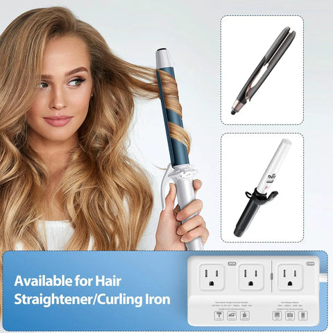 Woman using a curling iron with 2000W Travel Voltage Converter 110V To 220V With 3 AC Sockets And 2 USB C And 2 USB A Plugs Universal Adapter.