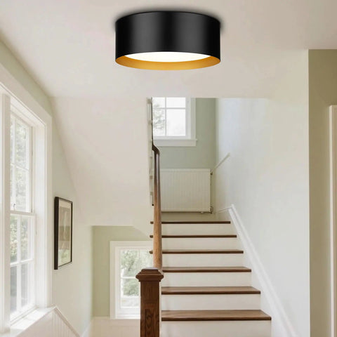 Two Light Frosted Glass Flush Mount Ceiling Light In Black With Gold Inner Accent Sleek Modern Vibe Metal Fixture For Living Room Bedroom Hallway Kitchen Entryway Space Saving Low Profile Lighting installed in hallway