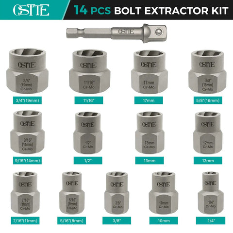 Impact Bolt Extractor Set For Stripped Rounded Bolts And Lug Nuts, Three-Eighths Inch Drive, 42CrMo steel, sizes 8 to 19 mm.