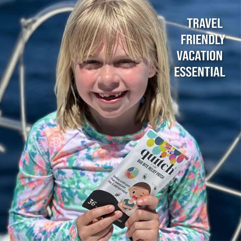 Child holding Mosquito Bite Relief Patch For Kids With Aloe And Witch Hazel Fast Itch Relief Hydrocolloid Insect Bite Treatment.