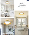 12 Inch LED Flush Mount Ceiling Light Fixture In White And Gold, 12W 1200lm, shown in kitchen, living room, and hallway settings.