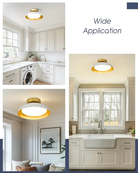 12 Inch LED Flush Mount Ceiling Light Fixture In White And Gold, 12W 1200lm, shown in kitchen, living room, and hallway settings.