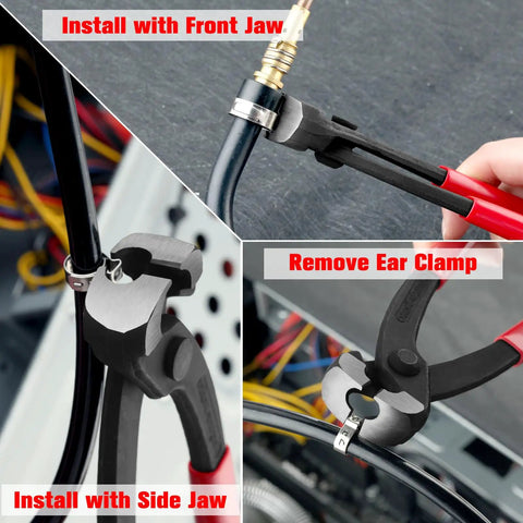 9 Inch Ear Clamp Pliers With Front And Side Jaw For Pinching 1 Or 2 Ear Clamps On CV Boots Hoses Fuel And Coolant Lines In Air Systems And Compressors Drop Forged Chrome Vanadium Steel Durable Workhorse Tool shown installing and removing ear clamps