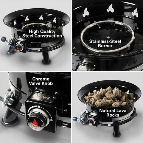 No Mess Smokeless Round Propane Fire Pit For Outdoors with durable steel, stainless burner, valve knob, lava rocks, 24-inch diameter
