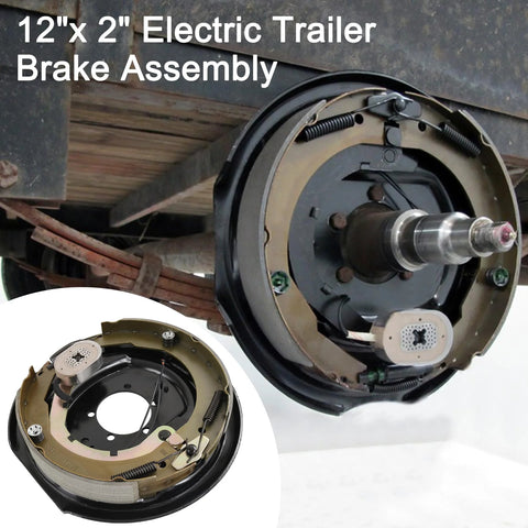 Installed 12x2 inch electric trailer brake assembly; metal backing plate, two sets for 5200–7000 lb trailer axles