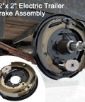 Front view of a pair of 12x2 inch electric trailer brake assemblies with hub backing plates and wiring connector.