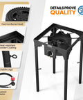 100,000 BTU Portable Gas Camping Stove with CSA listed regulator shown with cast iron burner and detachable legs