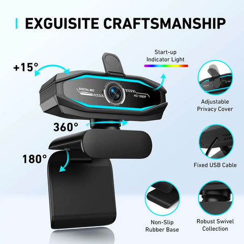 Crisp 1080P Webcam With Bangin Mic And Slick RGB Glow For Seamless Streaming showing adjustable privacy cover and swivel design.