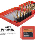Beast Titanium-Coated High Speed Steel Drill And Tap Bits Set with 13 pieces in red portable case, close-up view