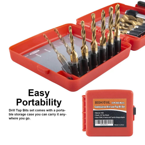 Beast Titanium-Coated High Speed Steel Drill And Tap Bits Set with 13 pieces in red portable case, close-up view