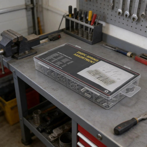 Get Ready For Any Job With This Huge 200PCS Tension Compression Spring Kit Featuring 20 Durable Metal Extension Coil Sizes Perfect For Tool Maintenance And Auto Repairs In An Organized Labeled Box. 200pcs metal spring assortment in labeled box on workbench