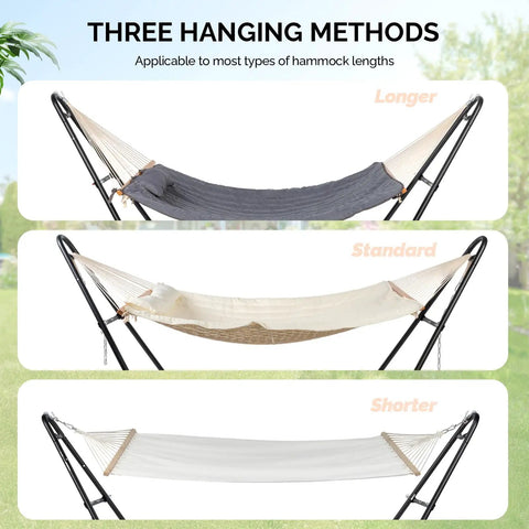 Three hanging methods for Beefy Heavy Duty Hammock Stand With Adjustable Frame For Outdoors Portable Double Bar Design Fits Most Hammocks 550 LB Capacity Black Iron Frame For Patio Garden Yard
