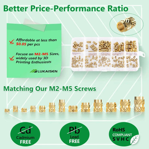 Image of 180Pcs Threaded Inserts Kit M2 M2.5 M3 M4 M5 with knurled brass heat set nuts, organized in a compartmentalized box.