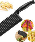 Neletao crinkle potato cutter, black handheld slicer with ribbed wavy blade for crinkle fries.