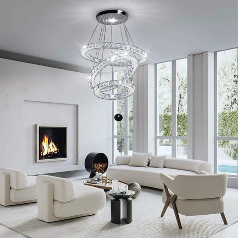 Living room with a modern crystal chandelier with three ring pendant lights LED ceiling fixture in stainless steel non dimmable cool white 6500K perfect for dining room living room bedroom or hallway semi recessed mount
