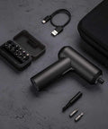 Cordless Screwdriver With USB C Charging, 3.6V 2000mAh Battery, Easy One Piece Body shown with 12 S2 steel bits and accessories.