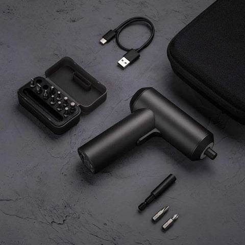 Cordless Screwdriver With USB C Charging, 3.6V 2000mAh Battery, Easy One Piece Body shown with 12 S2 steel bits and accessories.