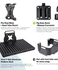 Ultimate Universal Front Cargo Rack For E Bikes With Head Tube Mount And 33 Lbs Capacity Plus Four Heavy Duty Straps showing components.