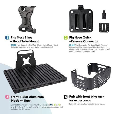 Ultimate Universal Front Cargo Rack For E Bikes With Head Tube Mount And 33 Lbs Capacity Plus Four Heavy Duty Straps showing components.