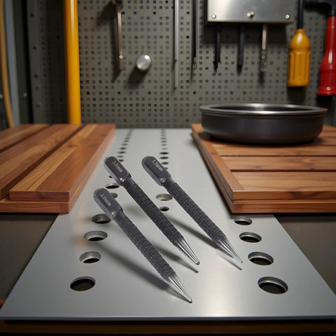 Tough As Nails 3 Piece High Carbon Steel Center Punch Set on workbench, showing sizes: 2.0mm, 1.5mm, and 3.0mm.