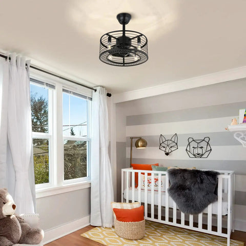 Nursery room with Industrial Caged Ceiling Fan With Light And Remote 18 Inch Black Fandelier Flush Mount, gray striped walls.