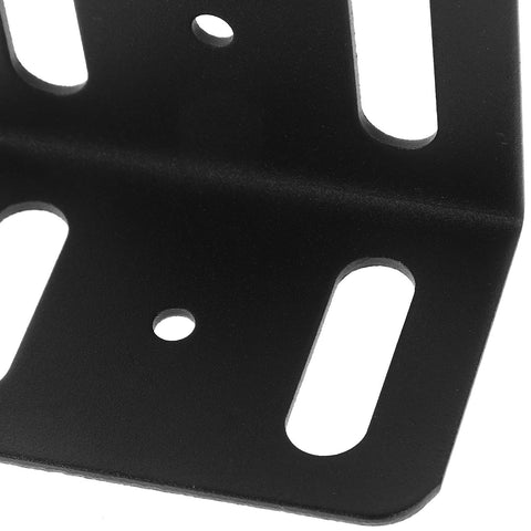 Close-up of black heavy duty metal corner brackets L shaped right angle braces with holes and slots
