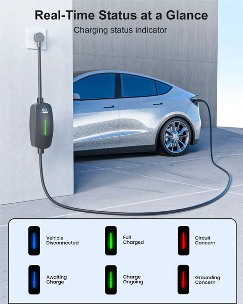 Level 1 And Level 2 Tesla Charger With 25 Ft Nacs Mobile Connector displayed with charging status indicator on wall.