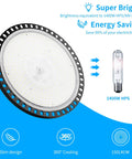 2 Pack 300W LED High Bay UFO Lights With 5000K White, IP65, showing energy-saving features and brightness compared to 1400W HPS