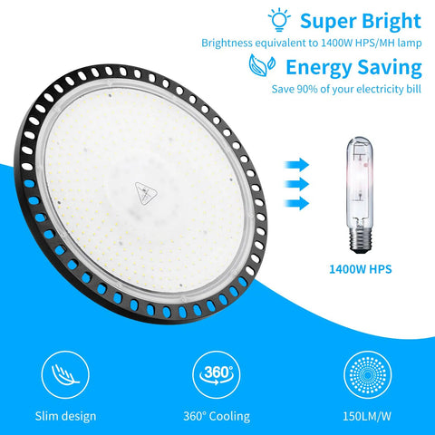 2 Pack 300W LED High Bay UFO Lights With 5000K White, IP65, showing energy-saving features and brightness compared to 1400W HPS