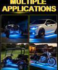 Blue Golf Cart Underglow LED Strip Lights Quad Pack for Boats, Decks, Motorcycles, Kayaks and Interiors on various vehicles