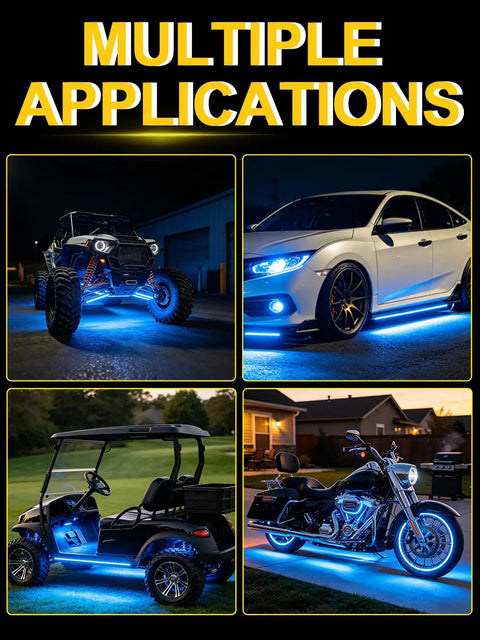 Blue Golf Cart Underglow LED Strip Lights Quad Pack for Boats, Decks, Motorcycles, Kayaks and Interiors on various vehicles
