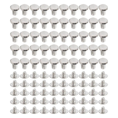 Rivet And Screw Kit 50 Sets M4 Stainless Steel Flat Head Fasteners For Leather Craft DIY Repairs Binding And Decorative Projects 100 Pieces Total Ready For Any Hardware Hack, 50 sets laid out