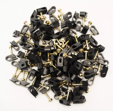Coaxial And Cat6 Cable Clips With 1 Quarter Inch Screws Black 100 Pack Soft Durable Plastic Non Conductive UV Stabilized Material