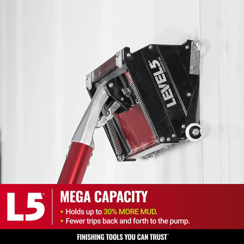 Side view of 10 Inch Mega Flat Box for Drywall Finishing mounted, pro-grade with high-capacity, shown applying joint compound on wall.