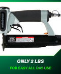 Lightweight 23 Gauge Headless Pin Nailer For Cabinets Trim And Crafting Slick Pro Grade Pneumatic Nailer With Auto Pin Length Adjustment From Five Eighths Inch To One And Three Eighths Inch Makes Invisible Holes Two Pound Tool side view with black grip