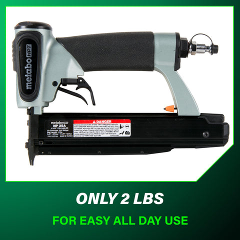 Lightweight 23 Gauge Headless Pin Nailer For Cabinets Trim And Crafting Slick Pro Grade Pneumatic Nailer With Auto Pin Length Adjustment From Five Eighths Inch To One And Three Eighths Inch Makes Invisible Holes Two Pound Tool side view with black grip