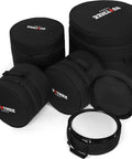 Pro Level Five Piece Drum Bag Set With Sick 10 Mm Shock Absorbing Padding includes varied sizes for toms, snare, and bass drums.