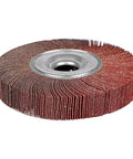 Heavy Duty 6 Inch 60 Grit Aluminum Oxide Unmounted Flap Wheel With 1 Inch Arbor For Bench Grinder and Pedestal Spindle side view.