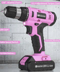 Pink Go To Cordless Drill Kit With 20V Battery And Charger 30 Nm Torque 21 Plus 1 Clutch Three Eighths Inch Keyless Chuck LED Light