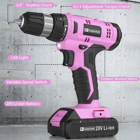 Pink Go To Cordless Drill Kit With 20V Battery And Charger 30 Nm Torque 21 Plus 1 Clutch Three Eighths Inch Keyless Chuck LED Light