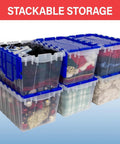 KeepBox 12 Gallon Stackable Storage Tote with Attached Lid filled with various items for easy nesting and moving.
