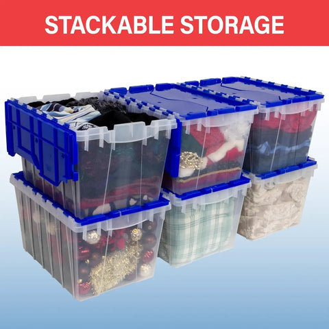 Stackable blue Heavy Duty 12 Gallon Storage Containers With Attached Lids filled with various items for organized storage.